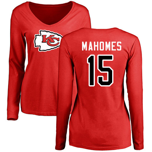 Women Football Kansas City Chiefs #15 Mahomes Patrick Red Name and Number Logo Slim Fit Long Sleeve T-Shirt